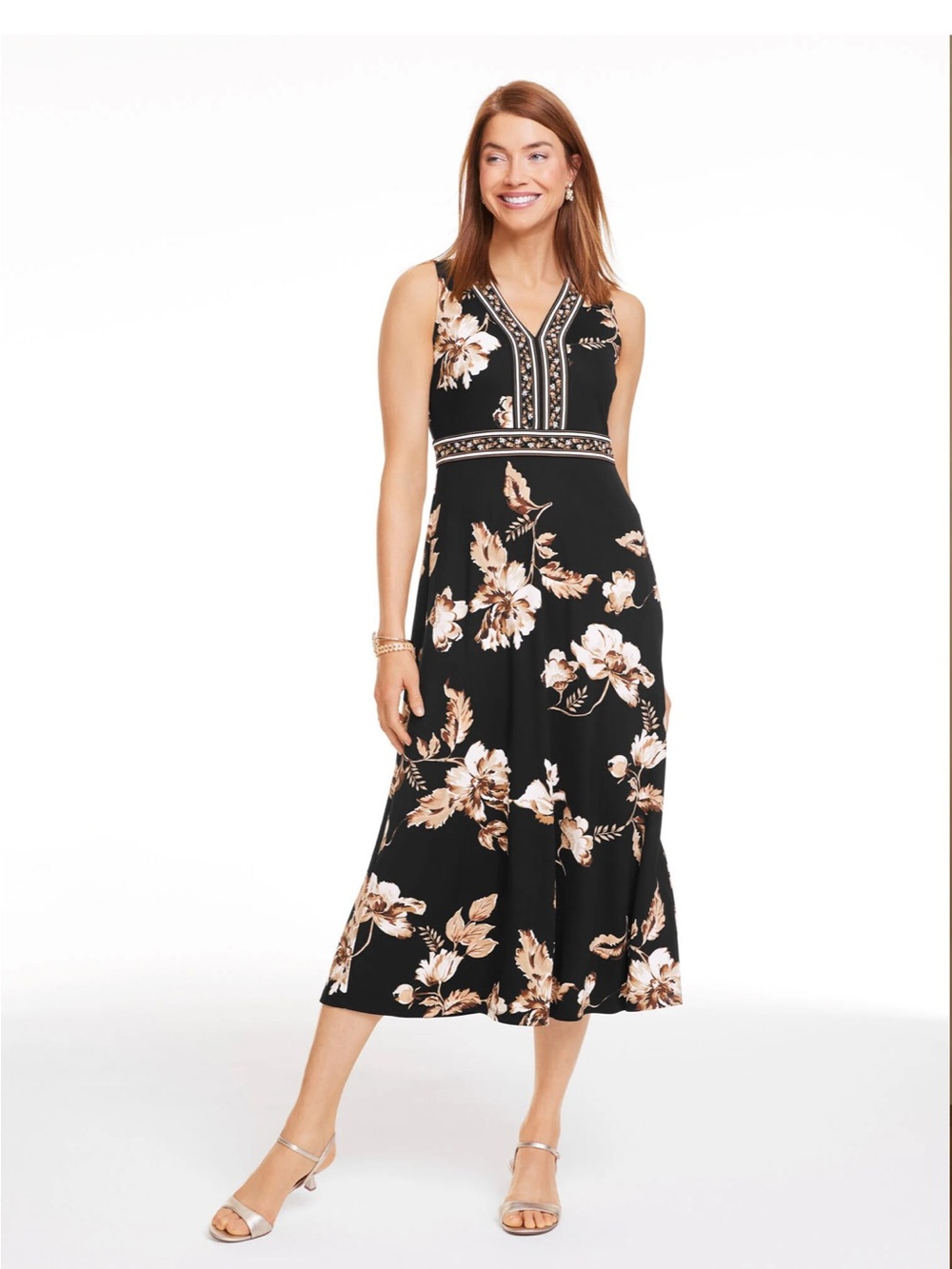 Talbots Black Sleeveless Fit and Flair Vivid Bloom Floral Midi Dress